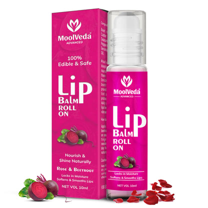 Moolveda Lip Balm Roll on with beetroot rose & 100% edible ingredients & no chemicals, 10ml