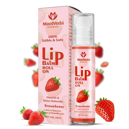 Moolveda Lip Balm Roll on with Strawberry & 100% edible ingredients & no chemicals, 10ml