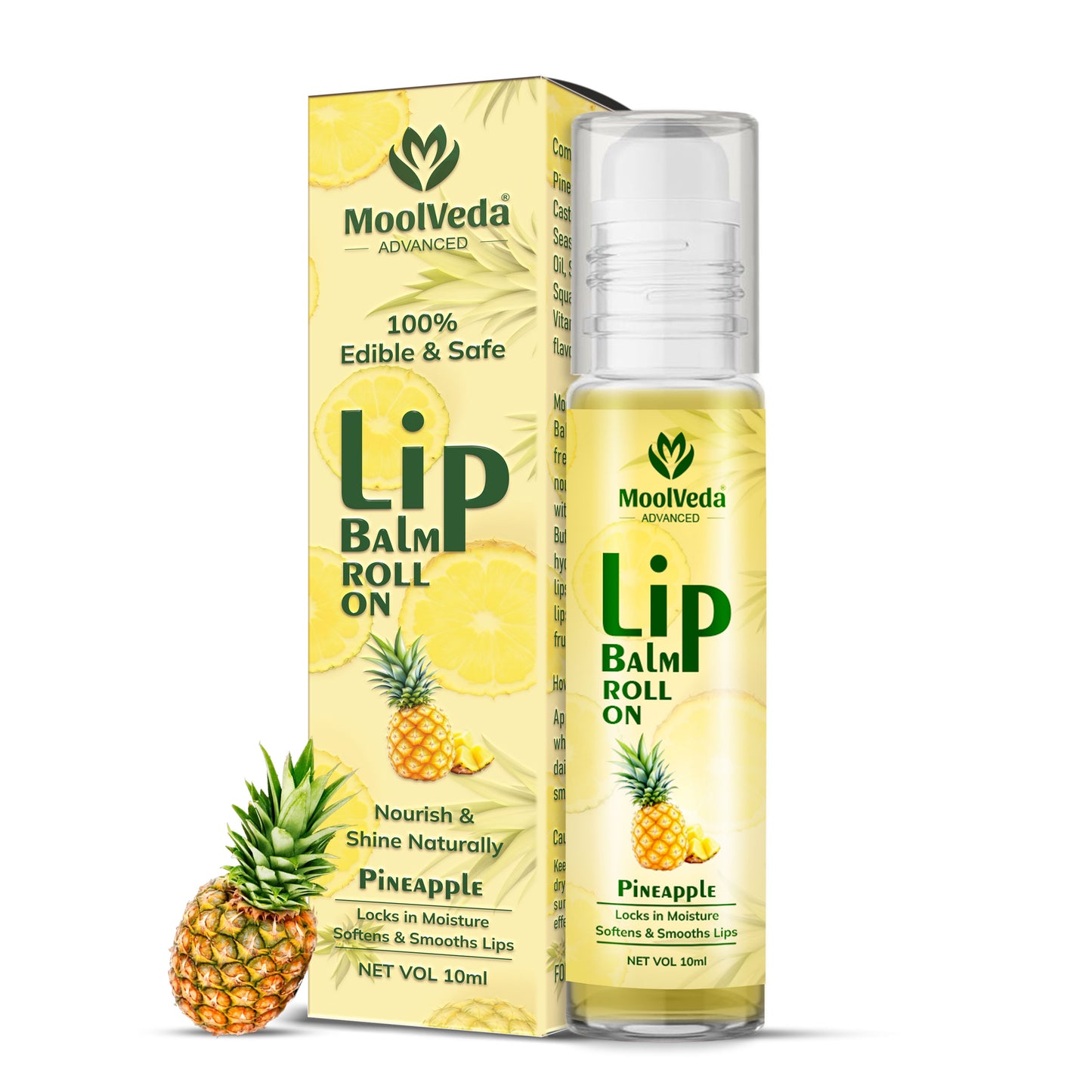 Moolveda Lip Balm Roll on with Pineapple & 100% edible ingredients & no chemicals, 10ml