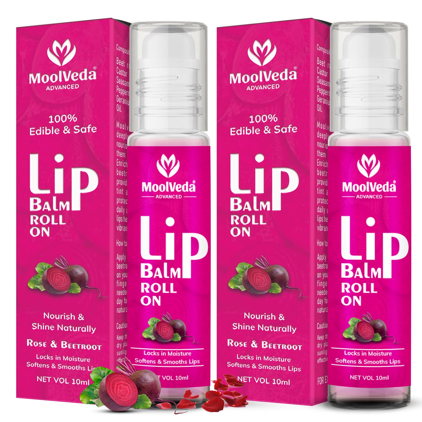 Moolveda Lip Balm Roll on with beetroot rose & 100% edible ingredients & no chemicals, Pack of 2, 10ml