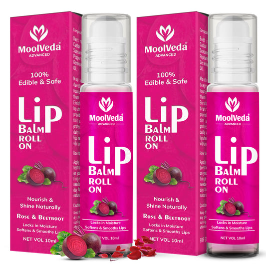 Moolveda Lip Balm Roll on with beetroot rose & 100% edible ingredients & no chemicals, Pack of 2, 10ml