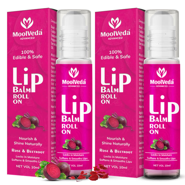 Moolveda Lip Balm Roll on with beetroot rose & 100% edible ingredients & no chemicals, Pack of 2, 10ml